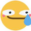 A yellow smiley face with a wide, forced grin and a single blue tear falling from its eye.
