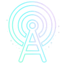 Radio tower emitting glowing neon signal waves with floating sparkles on a black background.
