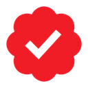 Red scalloped badge featuring a black checkmark in the center.