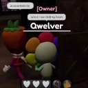 A strawberry-headed character stands near a player named Qwelver in a dark Roblox game environment.
