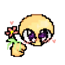 A yellow character with large purple eyes peeking over a ledge while holding a small pink flower.