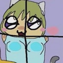 A cartoon cat girl with green hair and blue eyes peeking through a window frame with a smug, mischievous expression.