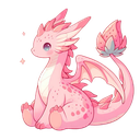 A small, cute pink dragon with a strawberry-shaped tail sitting and looking happy.