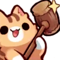 A cute brown cat holding a wooden mallet with a sparkling star effect.