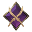 Two crossed swords resting on a purple diamond-shaped shield with a gold border.