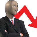 Meme Man wearing a suit standing in front of a large red downward trending arrow.