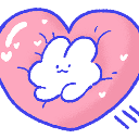 A small white bunny with a simple face resting inside a large pink heart shape.