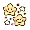Two yellow stars with happy faces, one of which is winking, surrounded by small colorful shapes.