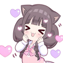 Cat girl with brown hair and cat ears smiling widely with hearts floating around her.