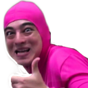 Pink Guy wearing a bright pink spandex suit giving a thumbs up with a wide, manic grin.