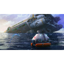 Escape pod floats on the ocean surface near a large crashed spaceship.