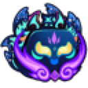 Kitsune fox head with glowing yellow eyes and purple mystical flames against a dark galaxy background.