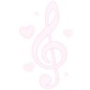 Treble clef symbol surrounded by small floating hearts.