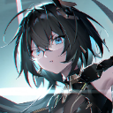 Anime girl with short dark hair and intense blue eyes looking forward with a serious expression.