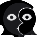 A stylized face with two large, wide-open eyes staring directly forward against a dark background.