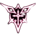 Glowing pink cross-shaped sigil with sharp, wing-like points on a black background.