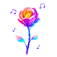 A colorful pixel art rose surrounded by floating musical notes and falling confetti.