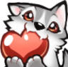 A cute grey and white wolf pup holding a large red heart with a loving expression.