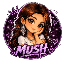 Anime girl with brown hair resting her chin on her hand, surrounded by purple hearts and sparkles.