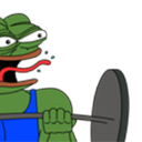 Pepe the Frog with a tongue-out expression lifting a heavy barbell.