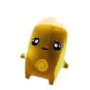 A small yellow blob creature with big eyes and a spiral on its stomach looking confused.