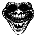Trollge face with a wide, distorted, and terrifying grin against a black background.