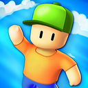 Stumble Guys character with a green cap and orange shirt waving with a friendly expression.