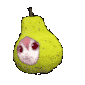 A yellow-green pear with a cute, wide-eyed pink face looking out from the center.