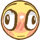 A yellow face with wide, staring eyes and a deep pink blush across the cheeks.