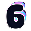 Number six with a dark body and holographic neon highlights.