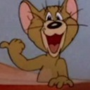 Jerry Mouse smiling widely and pointing to the side with an excited expression.