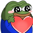 Pepe the Frog blushing while holding a large red heart against his chest.