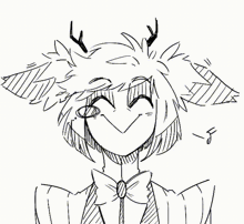 Alastor from Hazbin Hotel smiling widely with musical notes floating around his head.