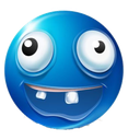 Blue round face with wide, misaligned eyes and a toothless, goofy grin.
