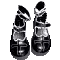 A pair of black boots decorated with a white cross symbol in pixel art style.