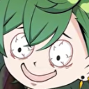 Character with green hair and bloodshot eyes wearing a wide, manic grin.