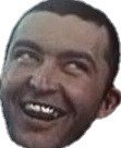 Man with a wide, manic grin and eyes rolled upward.