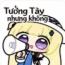 A chibi anime girl with blonde hair holding a megaphone and smiling with text above her head.