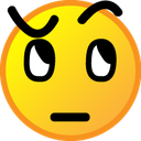 Yellow emoji face with a raised eyebrow and eyes looking upward in suspicion.