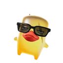 A yellow duck wearing black sunglasses with a smug expression.