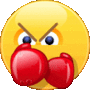 Yellow smiley face with an angry expression wearing red boxing gloves.