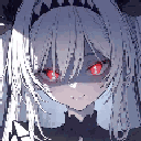 Anime girl with white hair and glowing red eyes looking menacingly.