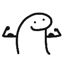 A simple white stick figure with a blank face flexing its tiny arms.