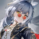 Anime girl with grey hair wearing round red glasses and a confident expression.