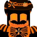 Void creature wearing a pumpkin-adorned top hat and a striped bow tie with glowing orange eyes and mouth.