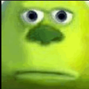 Mike Wazowski and Shrek hybrid face with a blank, confused, and slightly distorted expression.