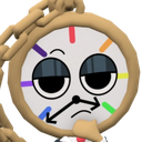 Tony the Clock with a skeptical, thoughtful expression and his hand on his chin.