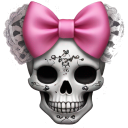 A human skull decorated with intricate patterns and wearing a large, bright pink bow on its head.