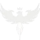 Eagle wearing a crown with wings spread wide in a minimalist white silhouette.