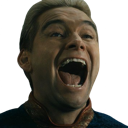 Homelander laughing with his mouth wide open and a manic expression.